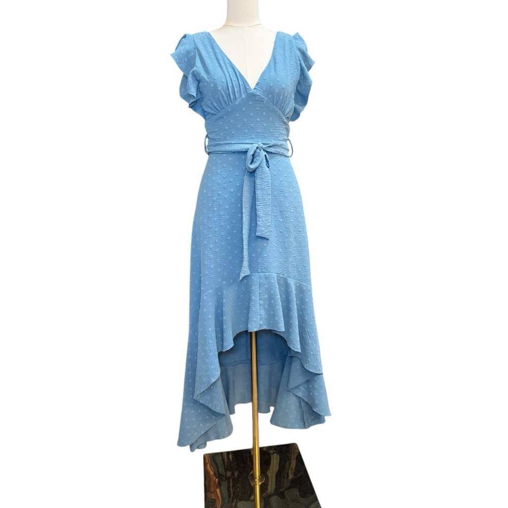 Altar’d State Blue Midi Dress Size XS Hi Low Wrap Dress Swiss Dot Flutter Sleeve
